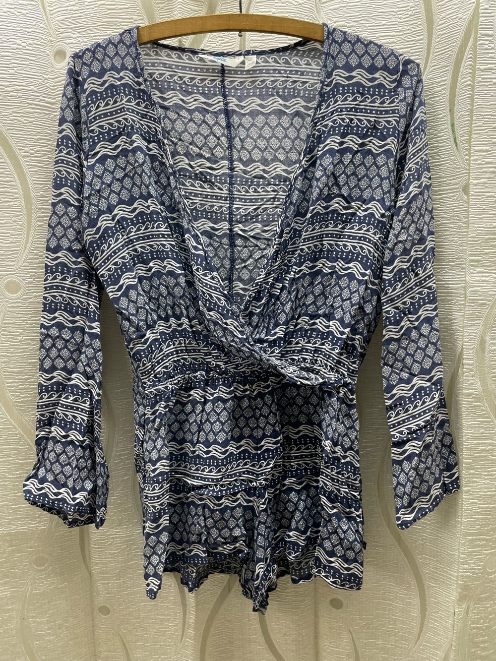 La Vie en Rose Aqua‎ Romper Womens XS Blue White Geometric Long Sleeve Excellent